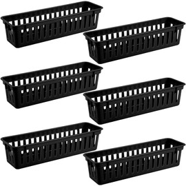 wlilupah 6 Pcs Black Slim Plastic Storage Baskets Tray 10 x 3 x 2.5 Inch Compact Stackable Desk Organizer for Office, Classroom, School Supplies, and Home Storage, Organization(Black)