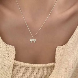 925 Sterling Silver Bow Necklace Bow Pendant Necklace for Women Girls Cute Dainty Bow Beads Chain Adjustable Necklace Trendy Jewellery Charming Elegant Gift, Sterling Silver