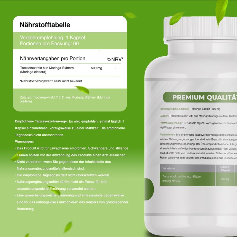 Moringa Oleifera Extract Capsules 500 mg - 60 Capsules High
