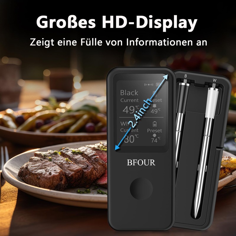 BFOUR Wireless Meat Thermometer with 2 Wireless, Grill Thermometer Bluetooth,