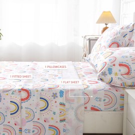 Vinogusto Twin Size Bed Sheets for Girls Kids - 3-Piece Rainbow Floral Bedding Set, Breathable Pink Cloud 3D Print Sheets with 14" Deep Pocket, Ultra Soft Lightweight Bedroom Essentials