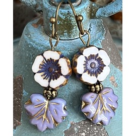 Bronze with White Flower and Lavender Leaf Dangle Earrings Fall Nature. Jewelry Earrings for Women #3298FE3281