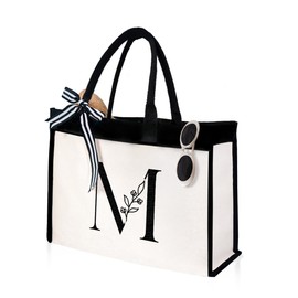 SANDJEST Letter M Initial Canvas Tote Bag Embroidered Monogrammed Beach Bags Gift for Women Friend Coworker Bridesmaid