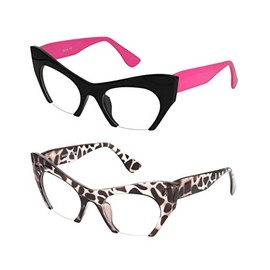 FLAWLESS EYEWEAR Cat Eye Eyeglasses Women Retro Vintage Razor Clear Lens Style Half Cut Off Frame (2 PACK: Black Pink - Black Tortoise)