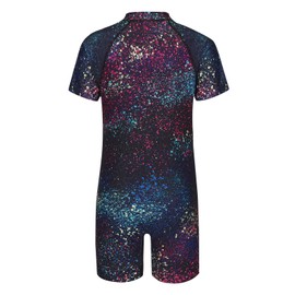 Big Girls Short Sleeve Rash Guard One Piece Swimsuits Zipper Front Bathing Suit Sun Protection Gradient Splashes Size 14/12-14