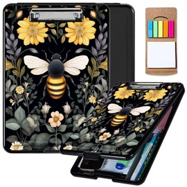 Clipboard with Storage,Plastic Storage Clipboard with Low Profile Clip, Heavy Duty Nursing Clipboards Foldable,Bee and Flowers