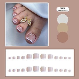 Press on Toenails - Spring Summer Nude French Tip Gel Glue on Toe Nails - 24Pcs Glossy Toe Nails Reusable - Fake Nails Acrylic False Nails Manicure Kits for Women