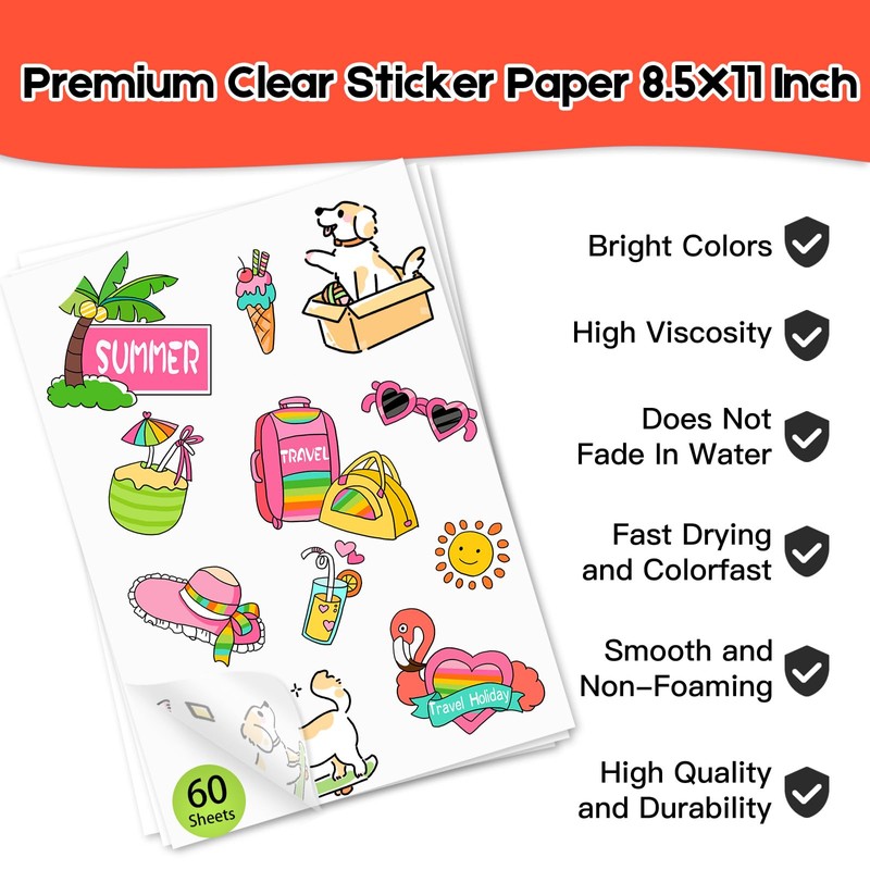 60 Sheets Premium Printable Clear Vinyl Sticker Paper for Inkjet