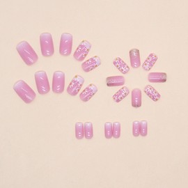 Medium Square Press on Nails Spring Fake Nails with Flower Glitter Designs White French Tip Nails Press ons Cute Acrylic Nails Pink False Nails Gradient Stick on Nails for Women 24Pcs