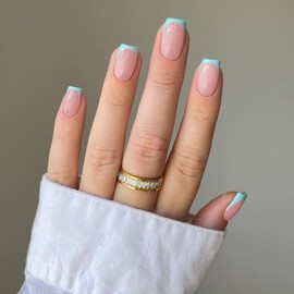 Square Press on Nails Short French Fake False Nails With Glue，Short Coffin Fake Nails Kit Classic Opaque Acrylic Nails for Women Girls in 24 PCS (Mint Green)