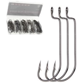 FINOSEAK 100Pcs Offset Worm Hooks Kit, Round Bend Bass Fishing Hooks for Texas Carolina Rigging 5 Sizes Assorted 1/0 2/0 3/0 4/0 5/0