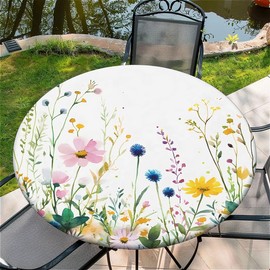 artslion Outdoor Round Tablecloth with Elastic Band 36 In-90cm Elastic Garden Tablecloth with White Flowers Pattern