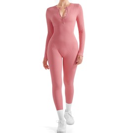 SUUKSESS Women Long Sleeve Ribbed Workout Jumpsuit Seamless One Piece V Neck Button Down Yoga Jumpsuits (Pink,L)