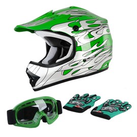 TCT-MOTORPARTS DOT Motorcycle Four Wheeler Riding Racing Helmet Youth Kids Motocross ATV Helmets Offroad Street Dirt Bike Go-Kart BMX MX Full Face Helmet Green Flame Large Size