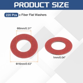 sourcing map 220 Pcs M8 Fiber Flat Washers, Insulation Plain Washer 8mm ID 16mm OD 1mm Thick Red Steel Paper Gaskets for Machinery Fastener Plumbing General Repair