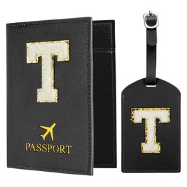 PATIKIL Passport Holder for Travel, Initial Passport Cover and Luggage Tag Set with Alphabet Chenille Letter Patch Travel Wallet Bag Suitcase Identifier for Women Family Travel Black T
