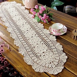 Laivigo Handmade Crochet Lace Oval Lucky Flower Tablecloth Table Runner Doilies Doily,12 x 51 Inch,Beige