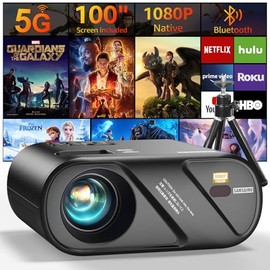 5G WiFi Bluetooth Projector, Outdoor Movie Projector [Projector Screen and Tripod Included], Full HD 1080P Video Projector for Home Theater, Compatible with Phone, HDMI, USB, Laptop, TV Stick