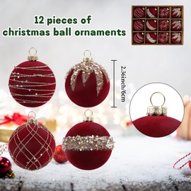 Riyuwal 12pcs Small Velvet Christmas Ball 2.36" Burgundy Christmas Hanging Ball Ornaments Flocked Glitter Balls Ornaments for Xmas Trees Wedding Party Holiday Decor(Burgundy)