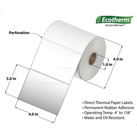 Ecotherm 4x3 Thermal Labels - 2100 Paper Stickers Per Roll - 4 Rolls - fits Zebra LP2844, GC420, GK420, GX430, ZD220, ZD420, ZD500, ZD620, ZP-500, GT800 Direct Thermal Printers