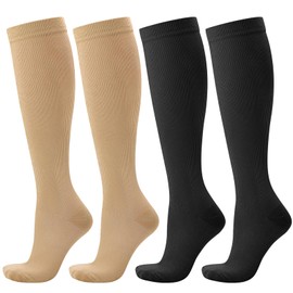 Zuimei 2 Pairs Compression Socks for Women&Men Circulation 20-30 mmhg Flight Socks Knee High Compression Stockings for Athletic Nurse Running Travel(Black&Skin Colour,XXL)