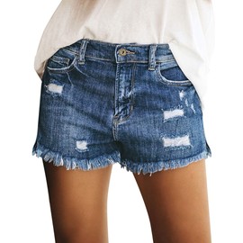luvamia Women's Casual Mid Waist Ripped Denim Shorts Frayed Raw Hem Jean Shorts Casual Shorts Classic Blue Size S