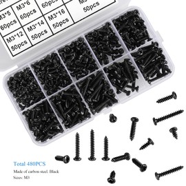 FandWay 480Pcs M3 Phillips Pan Head Self-Tapping Screws, Carbon Steel Round Head Tapping Screws,Wood Screws Assortment Set With Storage Box (Black Oxide)
