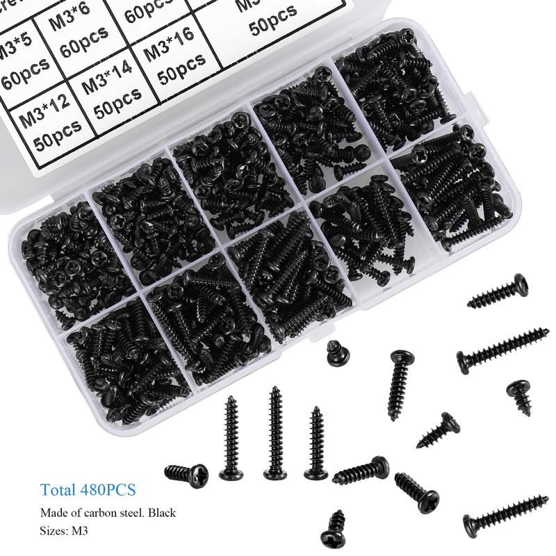 FandWay 480Pcs M3 Phillips Pan Head Self-Tapping Screws, Carbon Steel
