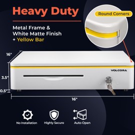 Volcora Cash Register Drawer for Point of Sale POS System with Round Corners 16", Removable Coin Tray, 5 Bill 8 Coin, 24V RJ11/12 Key-Lock Media Slot, Money Drawer for Business, Yellow Bar/White