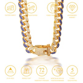 Halukakah Diamond Cuban Link for Men,14MM FUJI Men's Gold Chain Iced Out Miami 18k Real Gold Plated Choker Necklace 30",Full Diamonds Blue&Clear Prong Set,Gift for Him, Metal, Cubic Zirconia