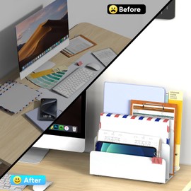 OUTIOE Mail Organizer Countertop, Small Desk File Organizer, Metal File Holder - Essential Workspace Organizers for Office Desk, Home Office (White)