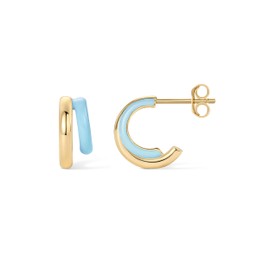 PAVOI 14K Yellow Gold Plated Sterling Silver Post Enamel Double Split Huggies | Colored Enamel Hoop Earrings for Women | Blue Enamel Jewelry