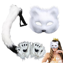MRDLKNX Therian Mask, Faux Fur Fox Tail Cat Wolf Cosplay Costume Set, Plush Mask with Fluffy Tail & Paw Gloves, Half Face Masquerade Mask for Cosplay Costume, Fancy Party (White