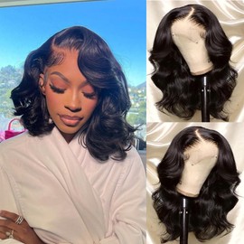 YINGRUN Bob Wig Human Hair 13x4 Frontal Lace Wig 14 Inch Body Wave 180% Density HD Transparent Lace Front Wigs Human Hair Wigs for Black Women Pre Plucked Natural Black