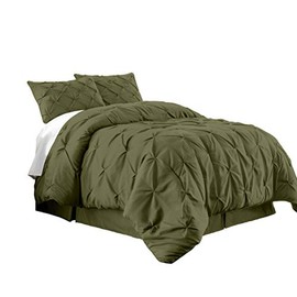 Chezmoi Collection Berlin 3-Piece Pintuck Pinch Pleat Bedding Comforter Set (Queen, Olive)