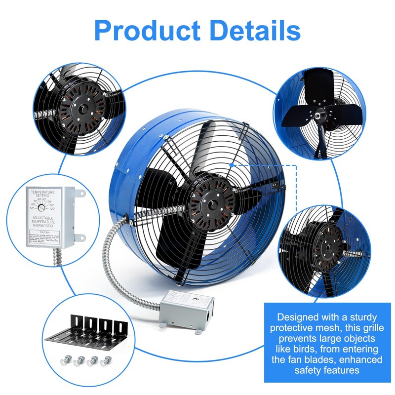 Attic Vent Fan with Adjustable Thermostat, 15" Gable Mount Ventilation