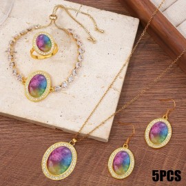 5pcs Set of Colorful Faux Gemstone Textured Glass Pendant Necklace, Earrings, Ring, Bracelet, Bohemian Stone Accessories SetColor: Golden 5pcs