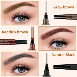 PIWOSGOL Waterproof Eyebrow Pencil with 4 Fork Tips, Microblading Sweat-Resistant Long Lasting Eyebrow Pencil, Creates Effortless Natural Looking, Reddish Brown, Grey Brown, Natural Black, Pack of 3