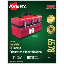 Avery Durable ID Labels with TrueBlock Technology for Laser Printers, 2-5/8" x 2", White, Rectangle, 750 Labels, Permanent (6578)