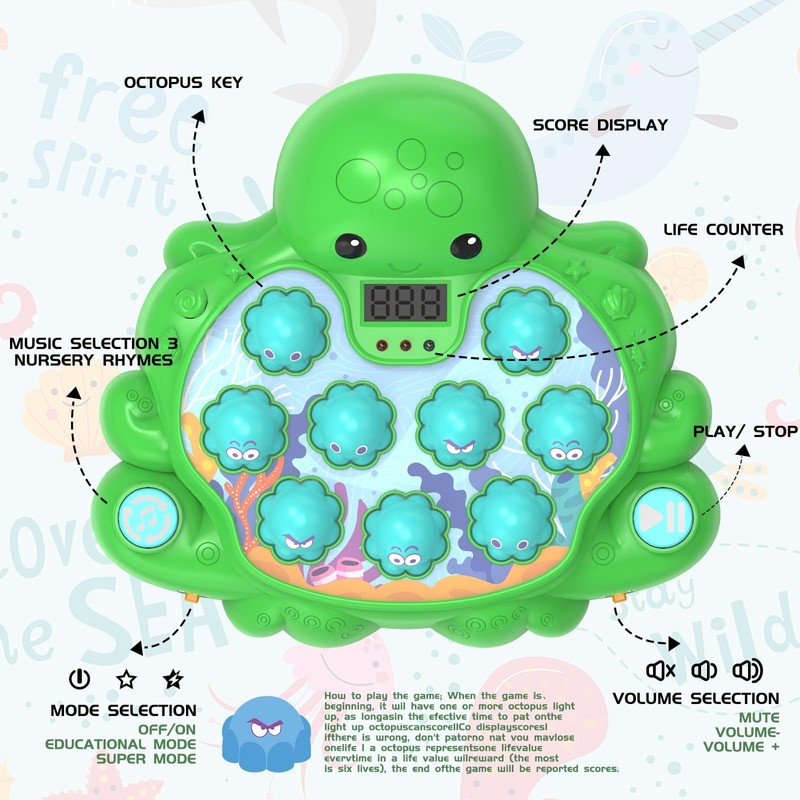 JOYBLI Octopus Vitality Strike Game, Educational Musical Whack-A-Mole Toy with