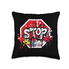 Graffiti Stop Sign Road Sign Throw Pillow