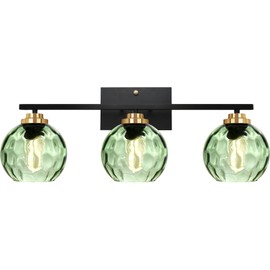 Qepeety Glass Bathroom Vanity Light Matte Black Mid Century Wall Light Fixtures 3-Light 23.6 Inch Green Globe Glass Shade Indoor Green Glass Wall Sconce for Bedroom Hallway Bedside