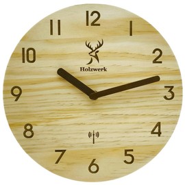 Holzwerk Radio Wall Clock Wooden Clock Vintage Silent Movement without Ticking Noises Brown Silent Made of Handmade Solid Wood Natural Wood 25 cm (HW.Beech)