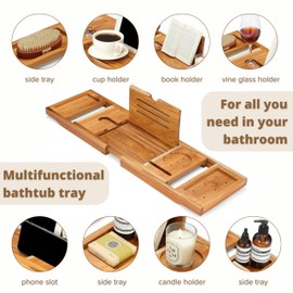 TEAKAURA Teak Bathtub Tray, Bathtub Caddy, Expandable Bath Tub Tray Wood, Bath Table Tray&Bathtub Shelf, Luxury Bathtub & Bathroom Accessories and Organizer, House Warming&Wedding Gifts(Large)