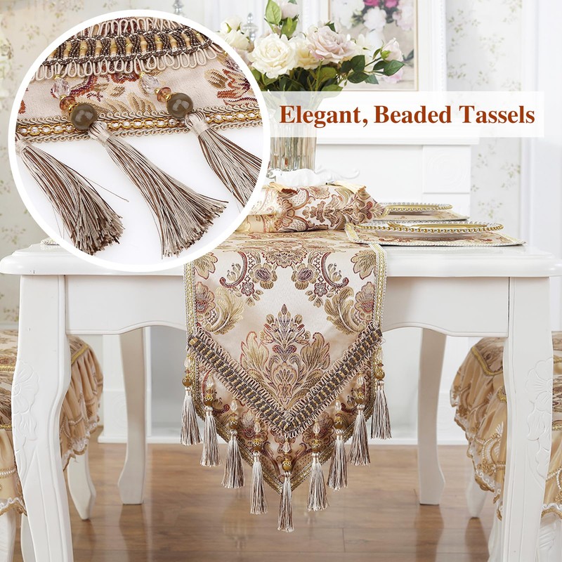 kilofly Elegant Floral Brocade Jacquard Table Runner Tassels (96 x