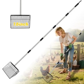 10inch Large Metal Chicken Poop Scooper, 5-in-1 Detachable Chicken Coop Scoop Rake, 24-68 inches Long Stainless Steel Handle, Chicken Litter Scoop Sifting Shovel Chicken Coop Scooper for Sand Cat