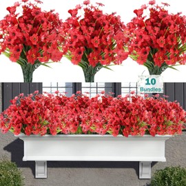 Satefello Artificial Flowers Outdoor, 10 Bundles Artificial UV Resistant Fake Flowers for Windox Boxes Planters Outside, Front Porch Plants Spring Decor Bouquet for Vase-Red