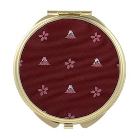 FORTUNA Tokyo Compact Mirror, Nishijin Textile Silk Hand Mirror, Double-Sided Mirror, Magnifier, Made in Japan, Round Size, Mt. Fuji and Cherry Blossom Pattern -18, Hokusai (Red/Gold)