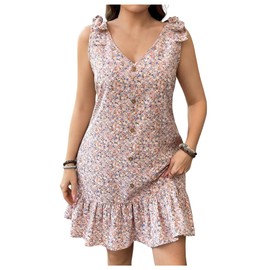 SweatyRocks Women's Plus Size Sleeveless V Neck Tie Knot Shoulder Summer Ruffle Floral Dress Short Sundress Pink Large Plus