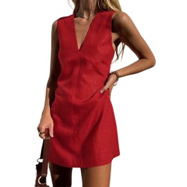 CHARTOU Women's Summer Sleeveless Mini Dress Cotton Linen V Neck Cinched A Line Slim Tank Short Dress (X-Small, Red)